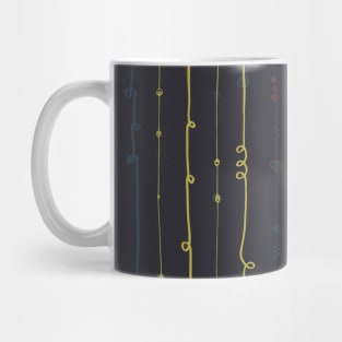 Twirly doodle lines. Lime and blue on black. Mug